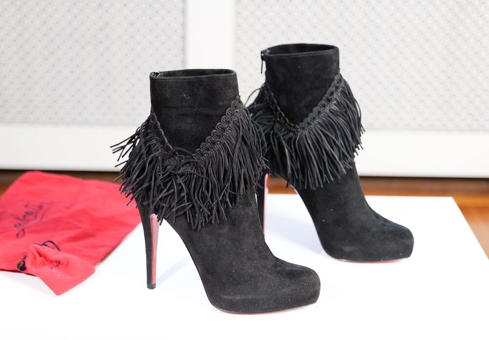 Christian Louboutin Black Suede Rom 120 Fringe Platform Ankle Boots (37.5) NIB